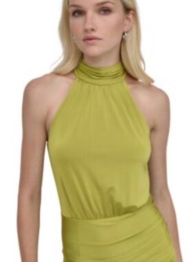 DKNY One-Shoulder Olive Green Halter Dress
